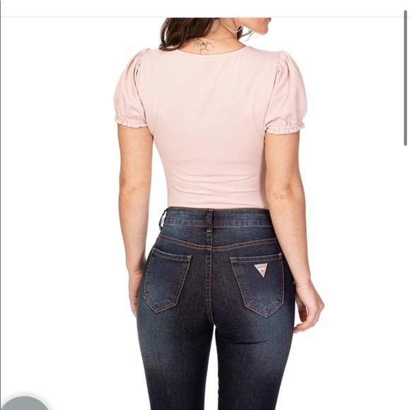 GUESS Marciano Beige Light Pink Short Sleeve Bodysuit Top - Size XS - Picture 4 of 5